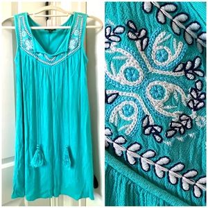 Turquoise & White Boho Embroidered Shift Dress